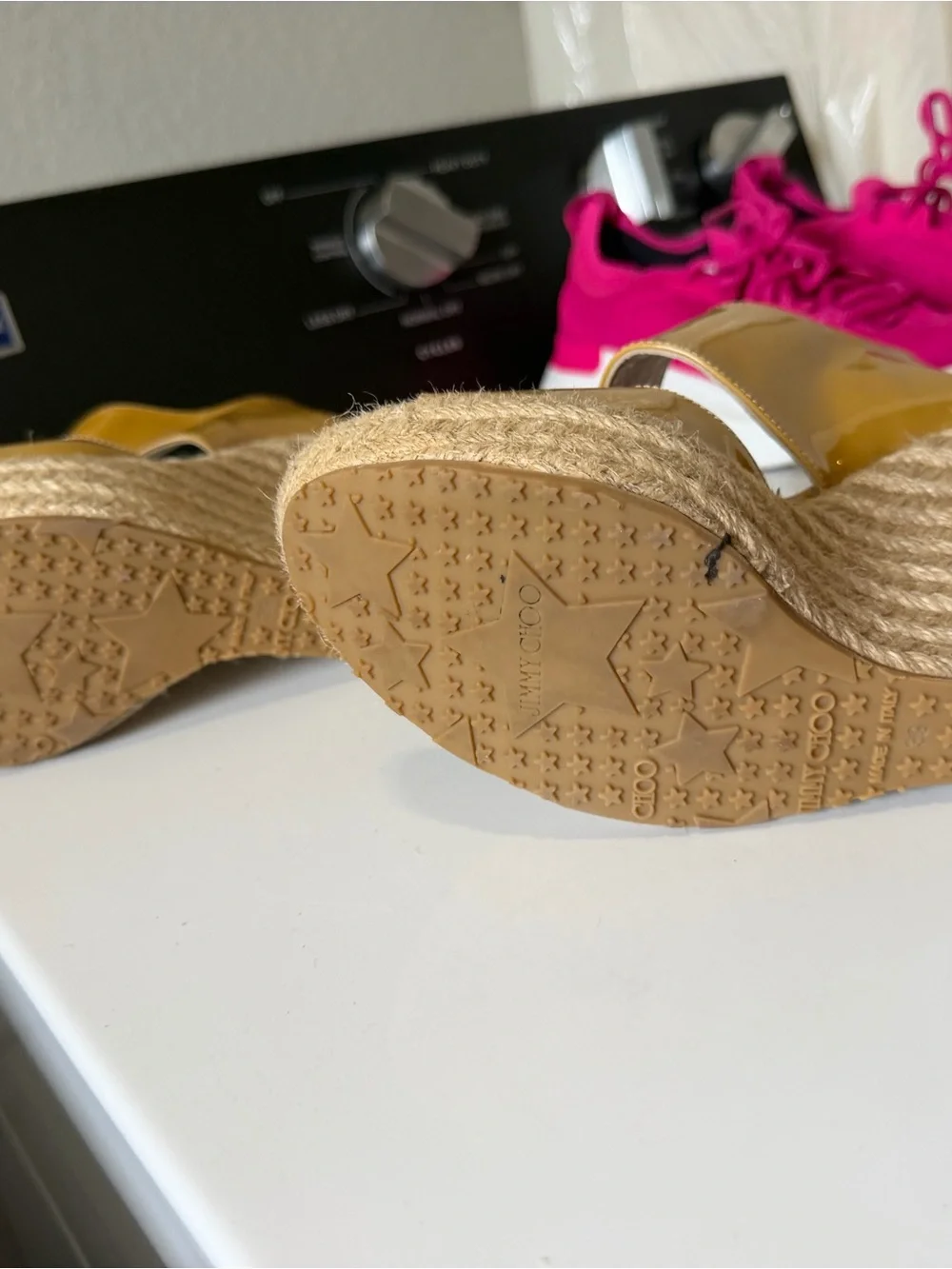 Jimmy Choo Patent Leather Espadrille Wedge Sandals Mustard Gold EU 39 US 9